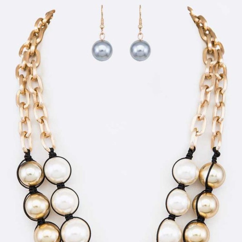 Women's Gold White Pearls Double Row Necklace Set